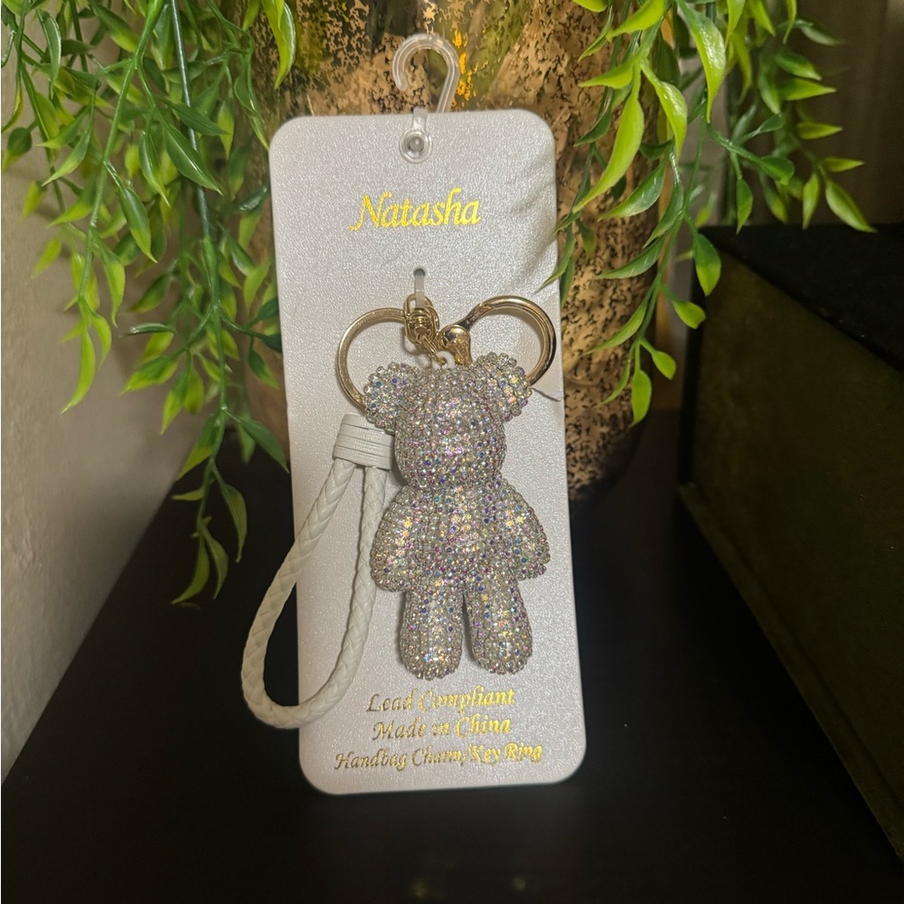 Natasha Couture Iridescent Crystal Teddy Keychain with White Braided Strap